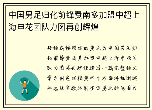 中国男足归化前锋费南多加盟中超上海申花团队力图再创辉煌