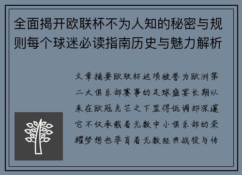 全面揭开欧联杯不为人知的秘密与规则每个球迷必读指南历史与魅力解析