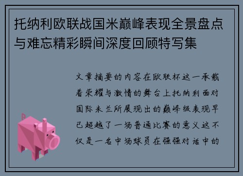 托纳利欧联战国米巅峰表现全景盘点与难忘精彩瞬间深度回顾特写集